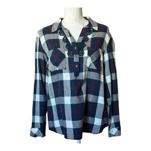 Tribal Fashion Women’s Plaid Button-Front Tunic Top, Size L